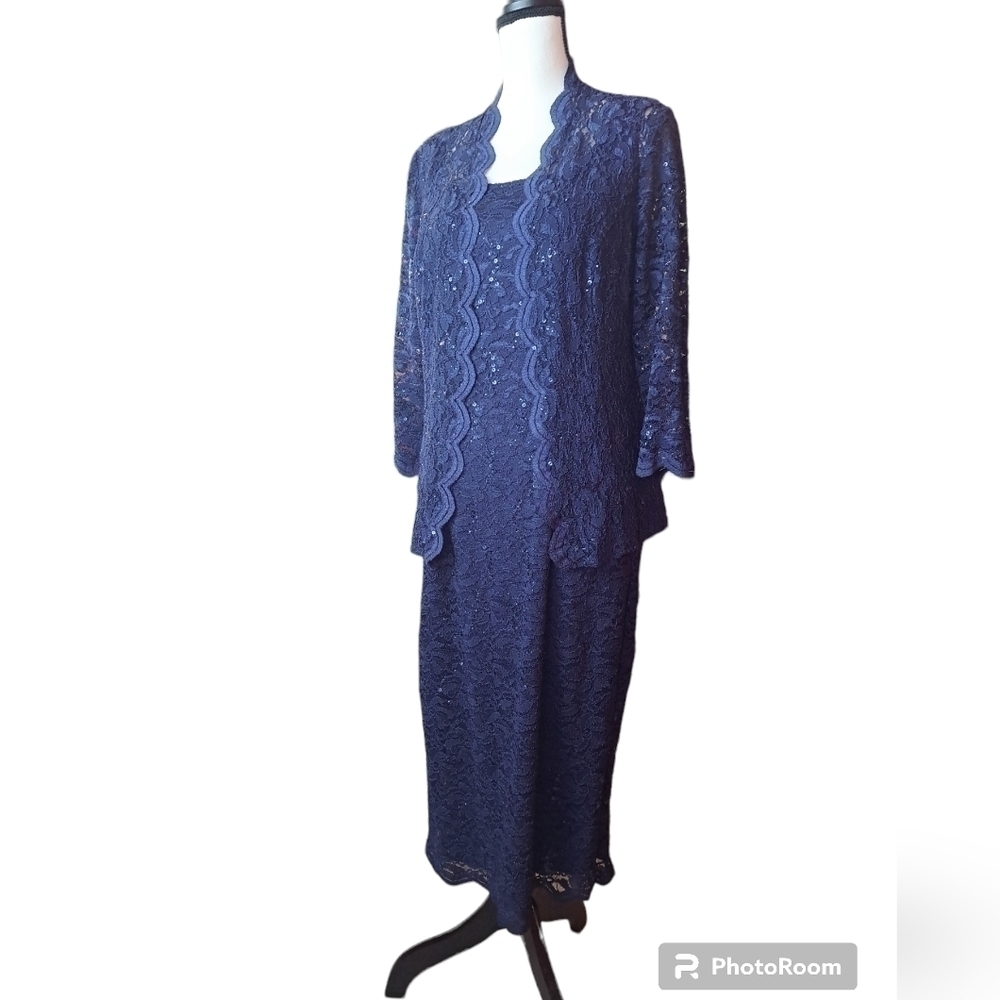 Alex evenings sz 10 jacket/dress navy lace sequinned